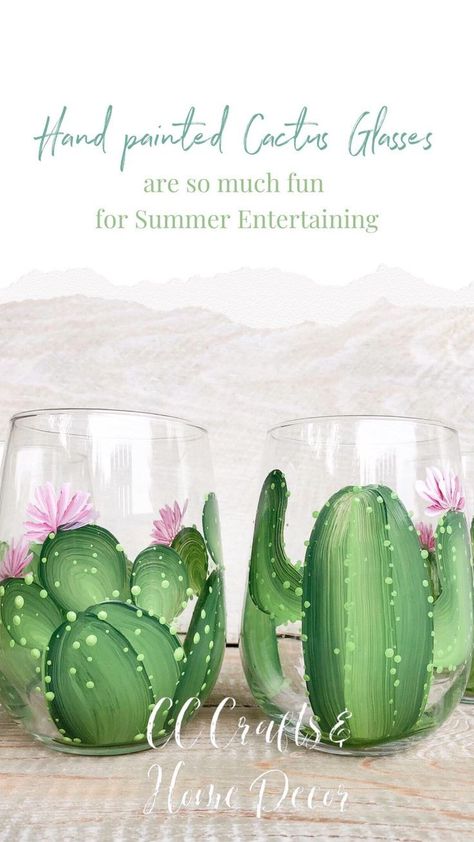 Cactus Glass Painting, Painting On Glasses, How To Paint Wine Glasses, Diy Painted Wine Glasses, Diy Glass Painting, Glass Jar Painting, Paint Wine Glasses, Painted Glass Jars, Hand Painted Wine Glasses Diy