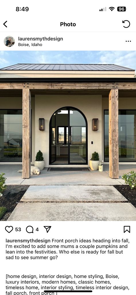 Wood Columns Porch Front Entry, Front Porch Stucco House, Front Porch Architecture, Stucco Stone And Wood Exterior, Wood Columns Porch, Limestone House Exterior Texas Ranch Style, Stucco Columns, Smooth Stucco And Stone Exterior, Concrete Porch Ideas