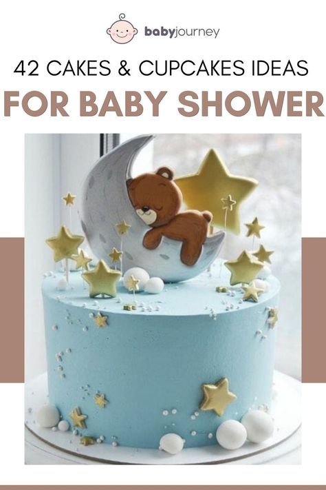 A lovely teddy bear on top and you’ve got yourself the cutest baby shower cake - moon and stars cake ever! #babyshowerfood #babyshowerideas #babyshowerfoodideas #babyshowercake Gateau Baby Shower Garcon, Amazing Baby Shower Cakes, Torturi Baby Shower, Bear Baby Shower Cake, Gateau Baby Shower, Man Cake, Teddy Bear Cakes, Baby Shower Cakes For Boys, Moon Baby Shower