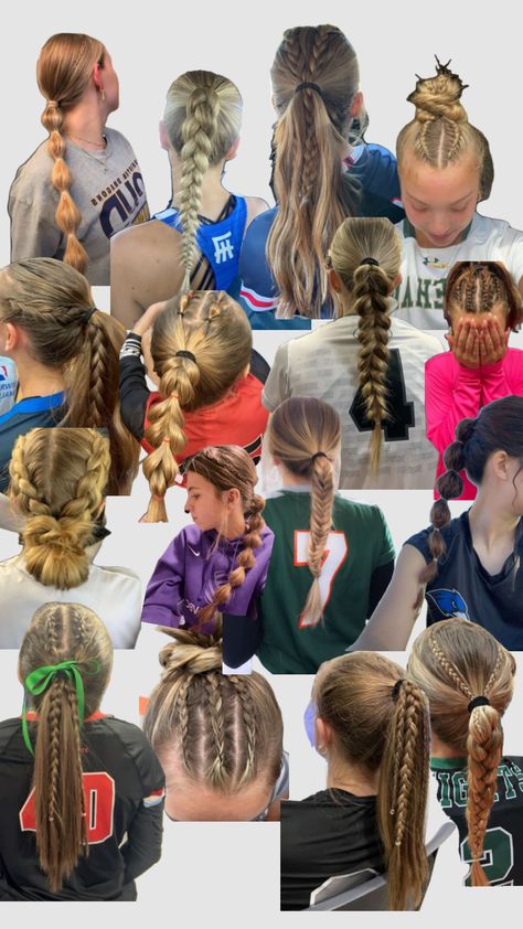 Cute and easy hairstyles for girls sports! #volleyball #softball #soccer #wrestling #lacrosse #basketball #gymnastics #hairstyle #sports #sportshairstyle #easy #cute #preppy #aesethic Sporty Hairstyles Running, Basketball Aesthetic Hairstyle, Dig Pink Hairstyles, Feild Hockey Hair Ideas, Easy Gymnastics Competition Hairstyles, Cute Soccer Hairstyles For Curly Hair, Basketball Girls Hairstyles, Hair Ideas For Basketball Games, Cute Easy Basketball Hairstyles