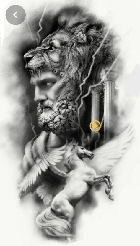 Hercules Tattoo Mythology, Hercules Tattoo, Pegasus Tattoo, Tattoos Lion, Greek God Tattoo, Zeus Tattoo, Spartan Tattoo, Lion Head Tattoos, Statue Tattoo