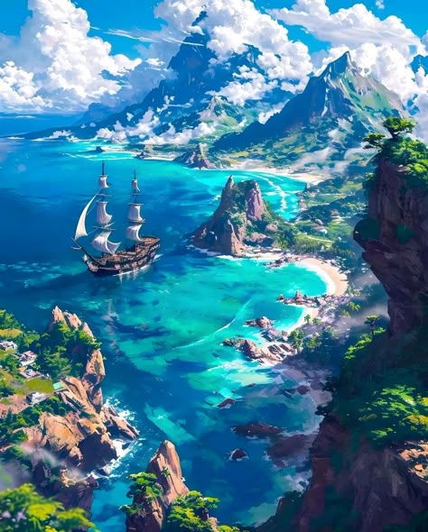 Pirate Landscape, Seascapes Art, Fun Wallpaper, Fantasy Background, Fantasy Island, Landscape Concept, Fantasy City, Fantasy Places, Futuristic City