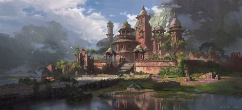 Indian heritage, Pengzhen Zhang on ArtStation at https://www.artstation.com/artwork/4b8kV2 #artstation #art #artwork #drawing #painting #digitalart Castle Art, Landscape Concept, Fantasy City, Fantasy Castle, Fantasy Setting, Fantasy Places, Indian Heritage, Wow Art, Ancient Temples