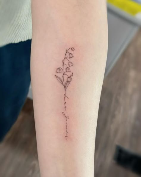 Mia | Lily of valley! | Instagram Lily Of The Valley And Sunflower Tattoo, Lily Of The Valley Tattoos For Women, Lily Of The Valley Tattoo With Name, Tiny Lily Of The Valley Tattoo, Lily Of The Valley Heart Tattoo, Lilly Of The Valleys Small Tattoo, Lily Of The Valley Tattoo Spine, Dainty Lily Of The Valley Tattoo, Lily Of The Valley Fine Line Tattoo