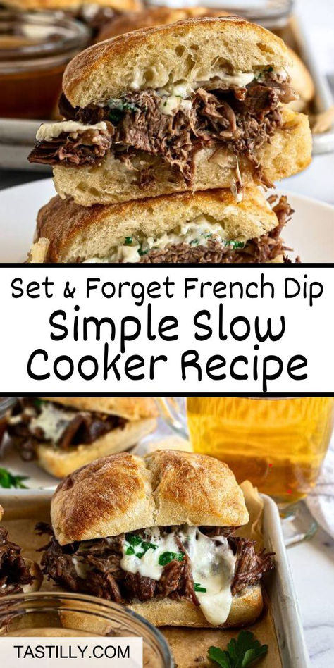 Using your slow cooker to make French Dip makes this recipe quick and effortless. The secret to making the best dipping au jus sauce is to use beer and French onion soup. The meat turns out incredibly tender and tasty. This recipe makes restaurant-quality French Dip! Au Jus Sauce, Jus Sauce, French Dip Recipes, French Dip Crock Pot, French Dip Sandwich, Slow Cooker Recipe, Crockpot Recipes Beef, French Dip, Crockpot Dishes