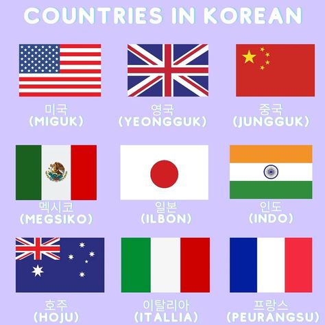 Countries In Korean Language, Countries In Korean, Colors In Korean, South Korean Language, Korean Flashcards, Names Of Countries, Korean Vocabulary, Korean Tips, Learn Basic Korean