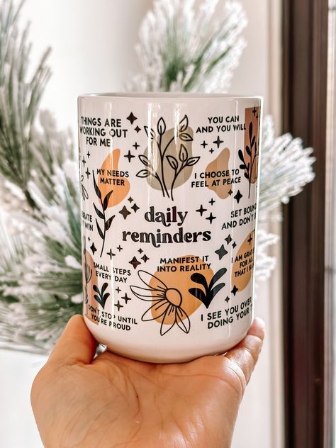 "Mental Health \"Daily Affirmation\" ceramic mug Did you know that of the 50,000 thoughts we have every day, 80% of them are negative and reside in the subconscious? Positive affirmations can transform your thoughts so you can create the reality you want. Great gift idea for a social worker , counselor, therapist etc! 15oz ceramic mug The Perfect mug for your loved one to practice your daily feel good affirmations A Daily Reminder to always take care of yourself! Mental Awareness/postive affirma Mug Small Business, Mug Inspiration, Quote Affirmation, Mug Ideas, Daily Affirmation, Daily Reminders, Friend Gifts, Social Worker, Custom Coffee