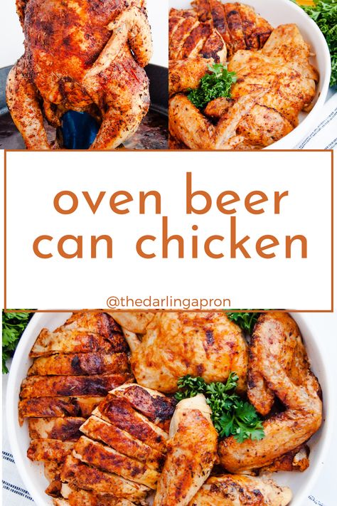 This Oven Beer Can Chicken is an easy way to roast a chicken with mouthwatering results! No grill is needed for this recipe that results in the perfect combination of juicy chicken & crispy skin. Beer Can Chicken In The Oven Recipe, Beercan Chicken Oven, Oven Beer Can Chicken, Beer Can Chicken Oven, Beer But Chicken In Oven, Beer Can Chicken In The Oven, Beer Chicken Oven, Whole Chicken In Oven, Parmesan Potato Stacks