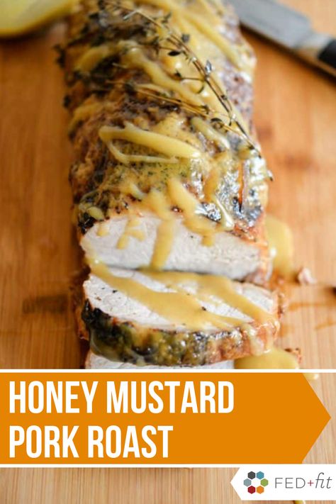 This honey mustard pork roast makes for the perfect easy and flavorful Paleo dinner! Pork loin is marinated in a simple honey mustard sauce and roasted in the oven alongside seared onions for a tender and juicy pork loin that everyone will love. #paleo #glutenfree #mealprep Pork Tenderloin Recipes Honey Mustard, Pork Loin Roast Dijon Mustard, Honey Mustard Pork Loin, Pork Tenderloin Honey Mustard, Mustard Glazed Pork Tenderloin, Mustard Sauce For Pork, Juicy Pork Loin, Boneless Pork Loin Recipes, Meal Board