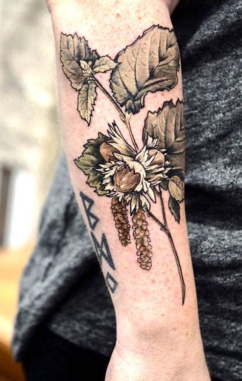 Hazelnut Tattoo, Lion Hand Tattoo, Traditional Tattoo Drawings, H Tattoo, Plant Tattoo, Botanical Tattoo, Fairy Tattoo, Tattoo Illustration, Tattoo Meaning