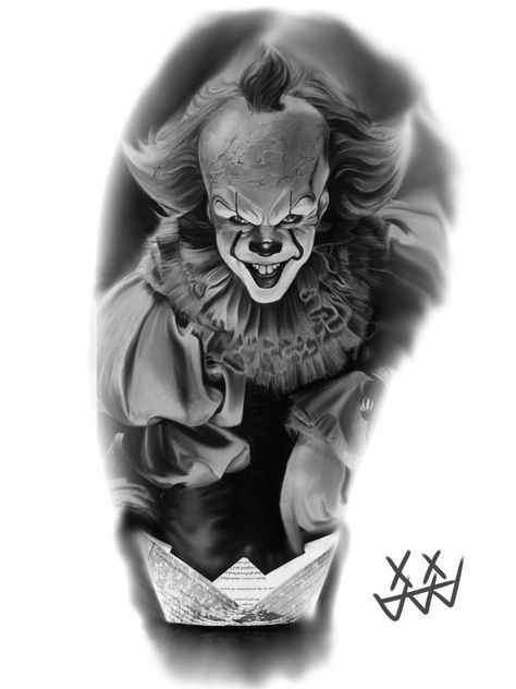 Pennywise Youll Float Too Tattoo, Penny Wise Tattoo Design, Pennywise Tattoo Stencil, Horror Movie Tattoo Designs, Pennywise Portrait, Pennywise Tattoo Design, It Tattoo Design, Pennywise Tattoo, Creepy Sketches