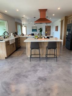 https://pin.it/5j191uXUo Kitchens With Cement Floors, Cement Living Room Floor, Houses With Concrete Floors, House With Stained Concrete Floors, Brushed Concrete Floor, Polish Concrete Floors Living Room, Cement Floors In House Kitchen, Concrete Overlay Interior, Barndominium Kitchen Concrete Floors