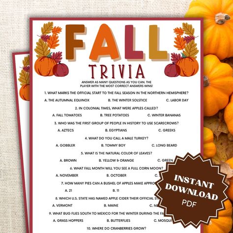 Welcome to our Fall Games Printable collection! Here, you will find the perfect Trivia Printable Fall Games that will bring joy and entertainment to your office, family, and friends. Our Fall Games For Office are designed to boost team morale, increase productivity, and create a fun atmosphere that everyone will enjoy. Not only are our Fall Games For Teens perfect for after-school hangouts, but they are also great for birthday parties and sleepovers. Our Fall Games For Adults are perfect for you Fall Game Night, Fall Festive Games, Fall Outdoor Games, Fall This Or That, Womens Ministry Fall Games, Fall Themed Games For Adults, Fall Party Games For Adults, Fall Trivia, Fall Trivia For Seniors