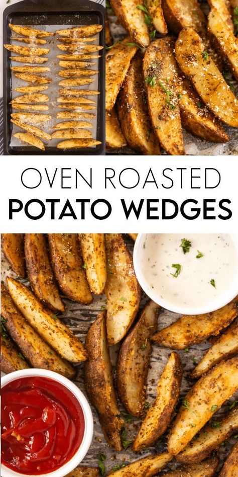 Oven Roasted Potato Wedges are a delicious and simple potato side dish that is flavorful, tasty, and pairs perfectly with your favorite protein. Oven Roasted Potato Wedges, Oven Wedges, Homemade Potato Wedges, Roasted Potato Wedges, Potato Side Dish, Potato Wedges Recipe, Potatoes In Oven, Wedges Recipe, Roasted Potato