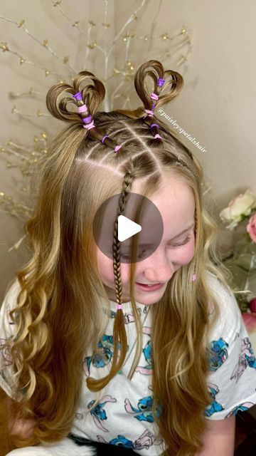 Jenna McDaniel- Girl’s Hairstyles on Instagram: "Day 21 of heart hairstyles! 💗  We saw these floating hearts “floating” around, and had to put our own little spin on them! So why not make them double floating hearts! 💕 We added braids to the front for the “tween” look…mainly Paisley just loves any style that has her wispies and mini braids! Full tutorial will be up on our YouTube later today with all of the tips and tricks, link in bio!  O.G. 🩷 inspo: @hairtodream   💜Super cute & durable elastics by @theponypick code:hair20. I haven’t loved using elastics in a longtime with how thick Paisley’s hair is. We have been using rubber bands, but these new elastics have been amazing! 🙌🏻" Heart Ponytails For Kids, Funky Hair Day Ideas For Kids, New Cute Hairstyles, Crazy Kids Hairstyles, Heart Pigtails Tutorial, Easy Crazy Hair Day Ideas Kids Simple, Hair Ideas For School Kids, Crazy Hair Styles For Kids, Easy Cute Hairstyles For Kids