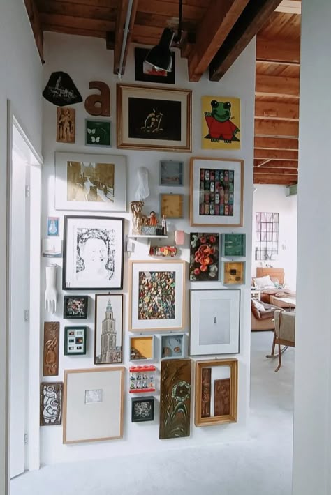 Mixed Style Gallery Wall, Tall Ceiling Gallery Wall, Chaotic Gallery Wall, Wall Collection Display, Giant Gallery Wall, Mixed Picture Frames On The Wall, Interesting Gallery Wall, Garage Gallery Wall, Long Empty Wall Ideas Living Rooms