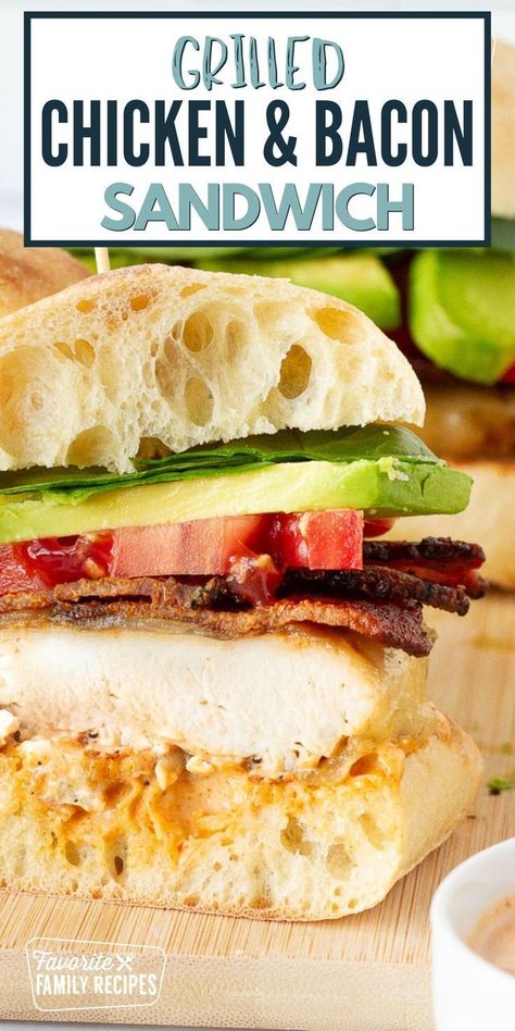 This Grilled Chicken & Bacon Sandwich is a classic recipe your family will love! This grilled chicken sandwich recipe offers classic layers of flavor that just can't be beaten in the summertime: tender chicken, crisp bacon, smooth avocado, juicy tomatoes, and fresh lettuce between a soft ciabatta bun and slathered with a tangy aioli mayo. Aioli Mayo, Chicken Bacon Sandwich, Easy Lunch Box Recipes, Grilled Chicken Sandwich, Chicken Sandwich Recipe, Chicken And Bacon, Homemade Mayo, Bacon Sandwich, Bacon Avocado