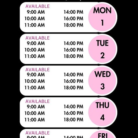 Acuity Scheduling Template, Weekly Availability Calendar for your Instagram Story or post. 🦋 Saves Time 😎 Boosts Sales 🩷 Looks Cute! Available Weekly Booking Time Slots very easy to edit in Cavna. Social Media Post Template for hair stylists, lash tech, nails tech, and anyone else in the beauty industry who needs a cute calendar for their IG story!🩷 https://7cf5d5-65.myshopify.com/products/copy-of-instagram-story-availability-calendar-nail-tech-booking-hairdresser-calendar-lash-tech-calen... Tech Nails, Nails Tech, Scheduling Template, Cute Calendar, Social Media Post Template, Lash Tech, Hair Stylists, Instagram Story Template, Story Template