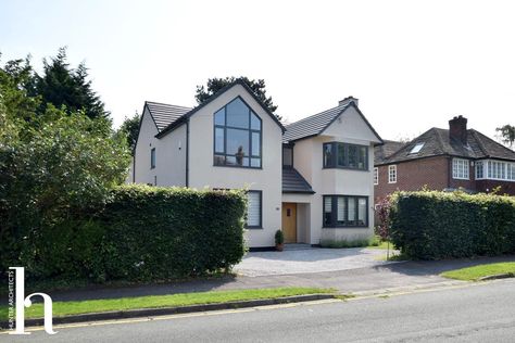 Remodelled Contemporary Front Elevation in Wilmslow Cheshire. Double height space. Gable window. Single Storey Rear Extension, Front Extension, Gable Window, Apartment Exterior, Side Extension, Sims Houses, Roof Extension, House Extension Design, Rear Extension