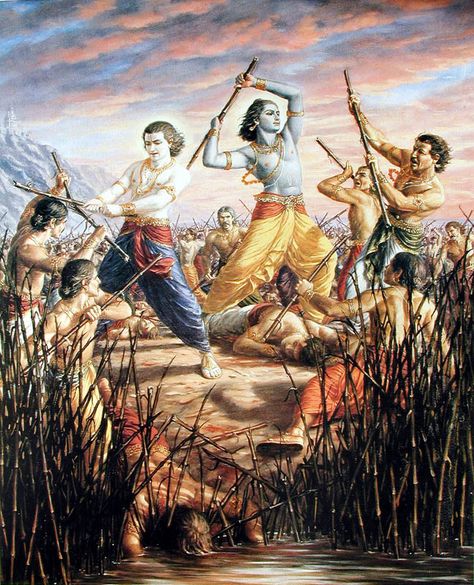 yadav history - The Origin of Yadav dynasty-http://yadavhistory.com/origin_of_yadavs Yaduvanshis stopped for a break on their route to Prabhas and did consume alcoholic beverages. By now, the curse of the rishis came into effect and Sambh gave birth to a "moosal". In order to reduce its effect, they crushed the moosal or the iron club into “burada” or powder and sprayed it all around their camps. Vishnu Avataras, Krishna Avatar, The Mahabharata, Hindu Dharma, Hinduism Art, Vedic Art, Lord Krishna Wallpapers, Krishna Radha Painting, Krishna Radha