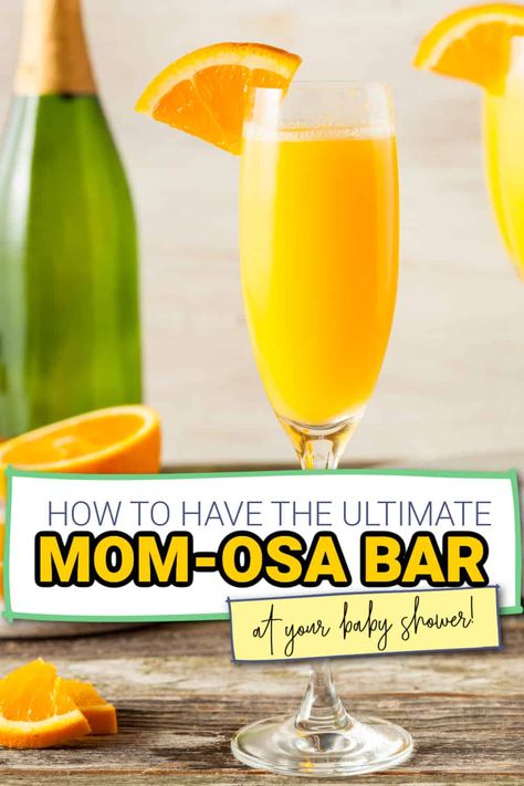 Mimosas or Mom-osas are the perfect drink to serve at baby showers! Here's our guide on how to have the ultimate Mimosa Bar! How To Make A Momosa, Mom Mosa Recipe, Mom Mimosa Bar, Mimosa Bar Baby Shower Ideas Boy, Mock Mimosa Bar, Momosa Mimosa Bar Non Alcoholic, Mocktail Baby Shower Bar, Mommossas Bar, Momosa Mimosa Recipe