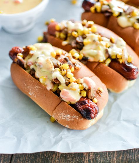 Hot Dogs with Chipotle Cheese Sauce and Bacon-Corn Relish: The recipe you need at your next barbecue! | www.cookingandbeer.com Chipotle Cheese Sauce, Toasted Hot Dog Buns, Brat Sausage, Chipotle Cheese, Tastee Recipe, Bacon Corn, Grilling Hot Dogs, Hot Dogs Recipes, Corn Relish