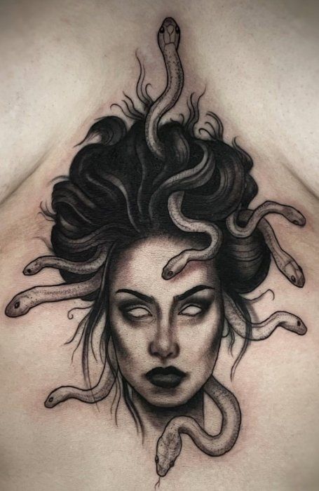 Best Chest Tattoos For Women, Edgy Womens Tattoos, Under Chest Tattoos For Women, Sternum Coverup Tattoo Women, Sternum Medusa Tattoo, Sternum Tattoo Large Bust, Medusa Tattoo Under Breast, Sternum Tattoo Large, Medusa Tattoo Sternum