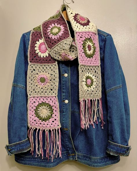 Crochet scarf perfect for festival style Crochet Scarf Granny Square, Purple Crochet Projects, Crochet Granny Square Scarf, Boho Granny Square, Chunky Crochet Scarf, Granny Square Scarf, Boho Scarf, Purple Scarf, Products Photography