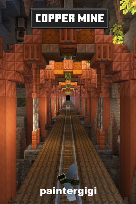 Minecraft Mine made with the new copper blocks Minecraft Mine Design Ideas, Minecraft Nether Railway Ideas, Minecraft Mine Cart Station, Steampunk Minecraft Builds Easy, Copper Build Minecraft, Minecraft Builds With Copper, Minecraft Steampunk Decoration, Steampunk Minecraft Interior, Minecraft Pipeline