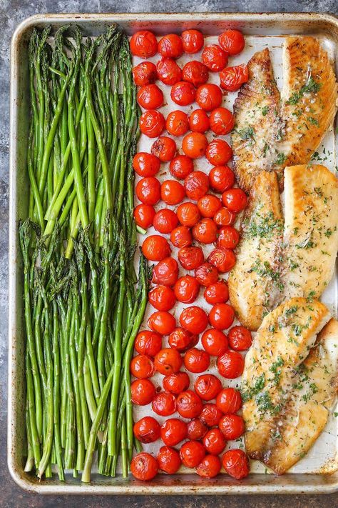 Sheet Pan Garlic Butter Tilapia - Damn Delicious Asparagus And Cherry Tomatoes, Sheet Pan Suppers, Sheet Pan Dinners Recipes, Tilapia Recipes, Pan Recipes, Roasted Asparagus, Sheet Pan Dinners, Sheet Pan Recipes, Diet Keto