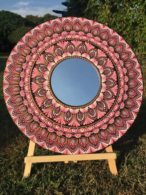 Dot Mandala Mirror Wall Decor, Pink Dot Mandala, Mandala Mirror Art, Dot Mandala Mirror, Mirror Mandala, Mandala Mirror, Dot Mandala Art, Painted Mirror Art, Handmade Decorative Items