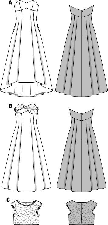 Click to magnify/shrink Ball Gown Flat Sketch, Bridal Sewing Patterns, Pleats Dress, Flat Drawings, Burda Patterns, Diy Fashion Hacks, Dress Flats, Burda Style, Gothic Lolita