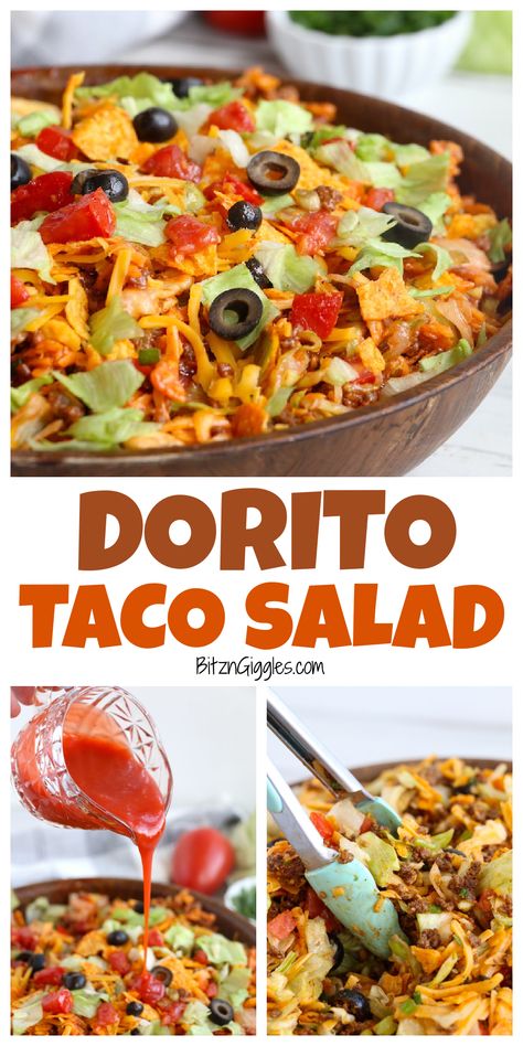 Doritos Salad, Dorito Taco Salad, Dorito Taco Salad Recipe, Dorito Taco, Layered Taco Salads, Easy Taco Salad Recipe, Taco Salad Ingredients, Taco Salad Doritos, Catalina Dressing