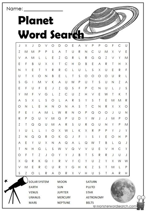 Planet Word Search Monster Word Search, 4th Grade Coloring Pages, Space Word Search, 3rd Grade Word Search, Fun Word Search, Planet Activities For Kids, Space Worksheets For Kids, Word Searches, Science Word Search