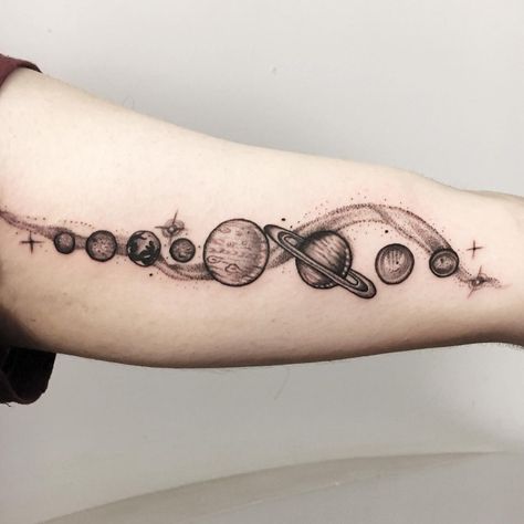 Tattoo Ideas Planets Solar System, Space Tattoos Chest, Planetary System Tattoo, Black And White Planet Tattoo, Planet Patchwork Tattoo, 9 Planets Tattoo, Planet And Moon Tattoo, Tattoo Ideas Female Space, Solar System Arm Tattoo