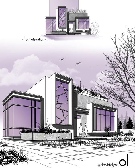 Villa Sketch Architects, Exterior Perspective Rendering, Exterior Perspective Architecture, Exterior Design Sketch, Building Rendering Architecture, Elevations Design, Exterior Sketch Architecture, Elevation Ideas Architecture, Villa Sketch