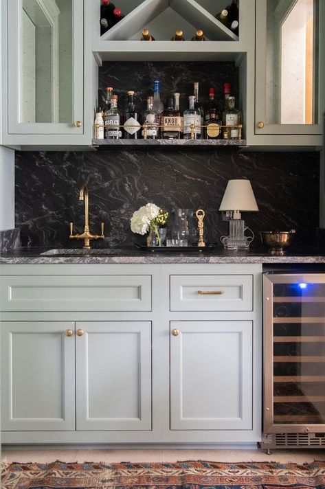 Leathered Granite Countertops, Dining Room Built In, Dinnerware Storage, Leather Granite, Brass Shelves, Blue Green Paints, Home Bar Design, Mirror Backsplash, The Butler