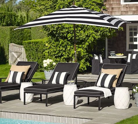 . Black And White Patio Furniture, Pottery Barn Outdoor Furniture, Patio Furniture Inspiration, Black And White Patio, White Patio Furniture, Aluminium Furniture, Pottery Barn Outdoor, White Outdoor Furniture, Patio Table Decor