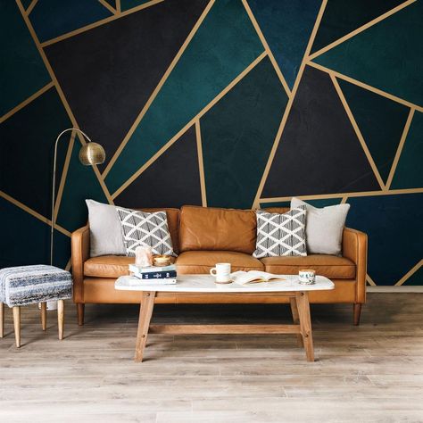 Geometric Wallpaper Black, Navy Blue Tile, Gold Accent Wall, Tapete Gold, Dark Green Wallpaper, Mosaic Wallpaper, Hiasan Bilik Tidur, Luxury Tile, Dark Green Background