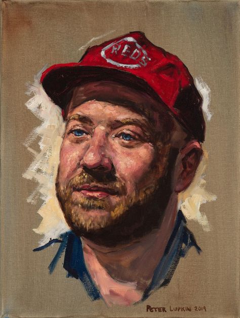 Cap Painting, Men With Cap, Pink Skin Tone, Stained Glass Studio, Cincinnati Reds Baseball, Bright Blue Eyes, Paint Canvas, Reds Baseball, Base Ball