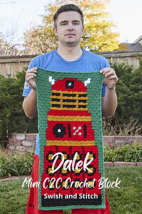 The Doctor is in! Crochet the ultimate Doctor Who Afghan. This unique blanket features: sonic screwdrivers, the TARDIS, a Weeping Angel, a Cyberman, a Dalek, bowties, sonic sunglasses, the Doctor Who logo, and many iconic phrases. Allons-y! FREE downloadable graphs. Dr Who Crochet, Sonic Sunglasses, Mini C2c Crochet, Doctor Who Crochet, Doctor Who Baby, Doctor Who Logo, Repeat Crafter Me, Weeping Angel, The Tardis