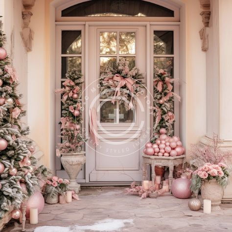 This wonderful Christmas Front Door stock image/ mockup photo features a Pink & White French Country Aesthetic & a welcoming holiday vibe.  Vibe: Pink, Pastel, French Country, Cozy, Warm, Country, Classic, Pretty, Cottagecore, Festive, Christmas, Holiday THIS IMAGE IS ALSO AVAILABLE IN THESE BUNDLES: + Our 'Full House' Pink Christmas House Pink & White Decor Bundle of 72 images:  https://www.etsy.com/listing/1583930995/pink-christmas-mockup-bundle-set-of-72  + Our bundle of 12 Pink Christmas Front Doors here: https://www.etsy.com/listing/1569756804/pink-christmas-front-door-multi-use The perfect vessel to showcase your brand! Our mockups/stock images are simple to use - just add your graphic, make any edits you need for the most realistic aesthetic (add a drop shadow & adjust exposure as n Pink Christmas Porch Decor, Pink Front Porch Decor, Pink Christmas Door Decorations, Pink Christmas Porch, Pink Outdoor Decor, Pink White Decor, French Country Cottage Christmas, Front Door Images, Pink Christmas Wreath