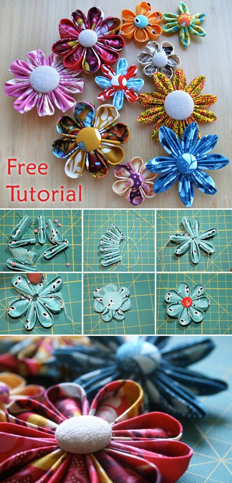 Crafting Ideas For Kids, Ribbon Folding, Kanzashi Tutorial, Tutorial Sewing, Papercraft Ideas, Origami Patterns, Fabric Flower Tutorial, Flowers Tutorial, Handmade Flowers Fabric