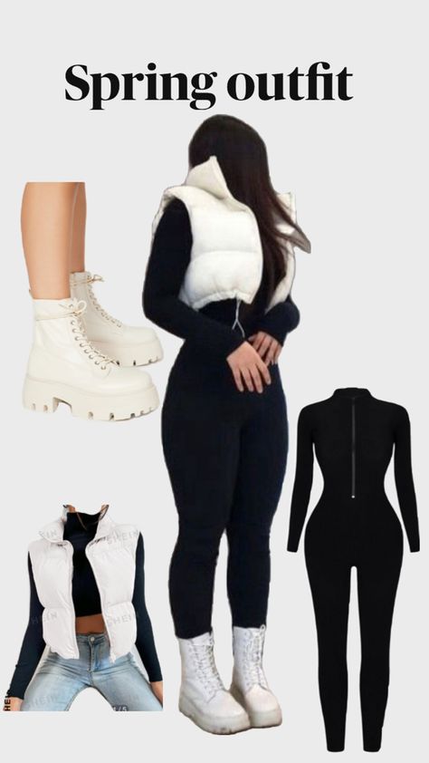 White sleeveless puffer jacket, black full-body jumpsuit, white lace up boots White Lace Up Boots, Full Body Jumpsuit, Sleeveless Puffer Jacket, Sleeveless Puffer, Jumpsuit White, White Sleeveless, Lace Up Boots, Puffer Jacket, Full Body