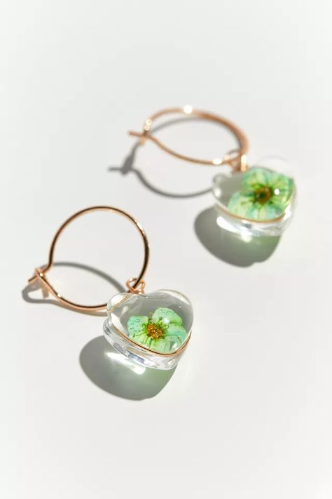 Resin Flower Heart Charm Hoop Earring | Urban Outfitters Shop Accessories, Green Fits, Resin Flowers, Accessories Bags, Floral Earrings, Flower Charm, Flower Heart, Jewelry Bags, Accessories For Women