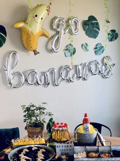 Banana Birthday Party Decorations, Banana 1st Birthday Party, Monkey Themed Birthday Party Decoration, Going Bananas Birthday Party, Lets Go Bananas Birthday, 2nd Birthday Monkey Theme, Banana Party Food, Banana Party Decorations, Banana Theme Party