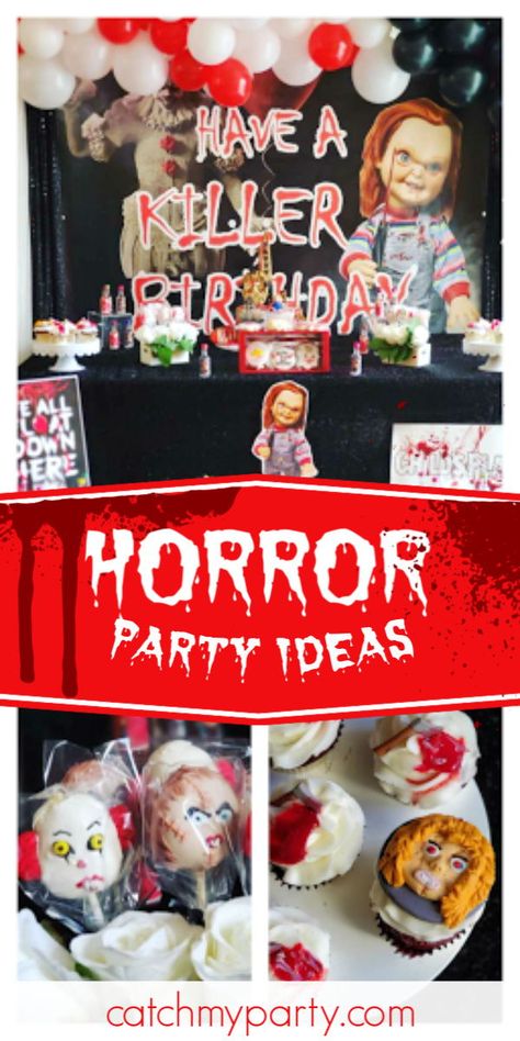 Chucky Party Ideas, Horror Movie Birthday Party Ideas, Horror Movie Themed Birthday Party, Scary Movie Birthday Party, Chucky Themed Birthday Party, Chucky Birthday Party Ideas, Scary Birthday Party Ideas, Killer Birthday Theme, Horror Party Ideas