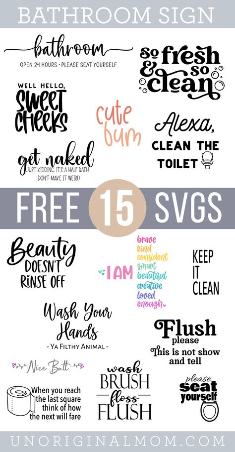 free bathroom sign SVGs for Cricut or Silhouette Bathroom Cricut Ideas, Diy Bathroom Door Sign, Bathroom Door Signs Diy Cute Ideas, Cricut Bathroom Signs, Bathroom Cricut Signs, Bathroom Sign Ideas, Bathroom Signs Printable Free Prints, Bathroom Sign Cricut, Free Printable Bathroom Signs