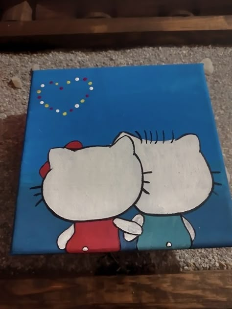 Hello Kitty Drawing Canvas, Canvas Art Ideas Cartoon, Painting Ideas Easy Hello Kitty, Mini Canvas Art Hello Kitty, Cute Hello Kitty Painting, Hello Kitty Painting Canvases Easy, Hello Kitty Art Painting, Sanrio Painting Canvas, Couples Painting Together