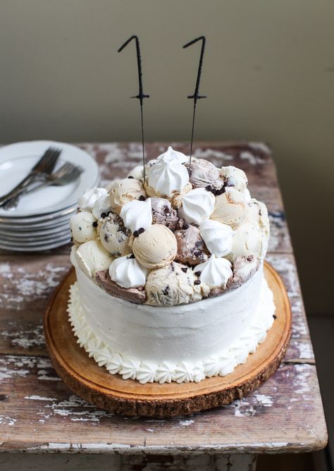 Meringue-Topped, Layered Ice Cream Birthday Cake | Simple Bites Birthday Cake Simple, Stabilized Whipped Cream Frosting, Cream Birthday Cake, Dark Chocolate Ice Cream, Mini Meringues, Winter Wonderland Cake, Ice Cream Birthday Cake, Whipped Frosting, Cake Simple